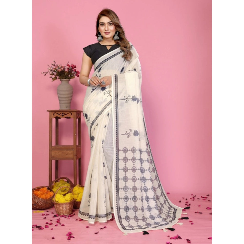 Off-white linen cotton printed saree with unstitched blouse, vibrant floral patterns on natural fabric for traditional Indian wear