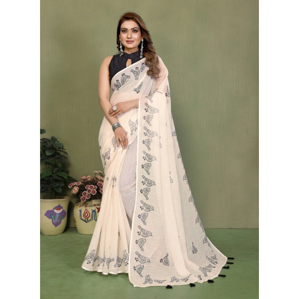Off-white linen cotton printed saree with unstitched blouse, vibrant floral pattern for women's traditional Indian wear