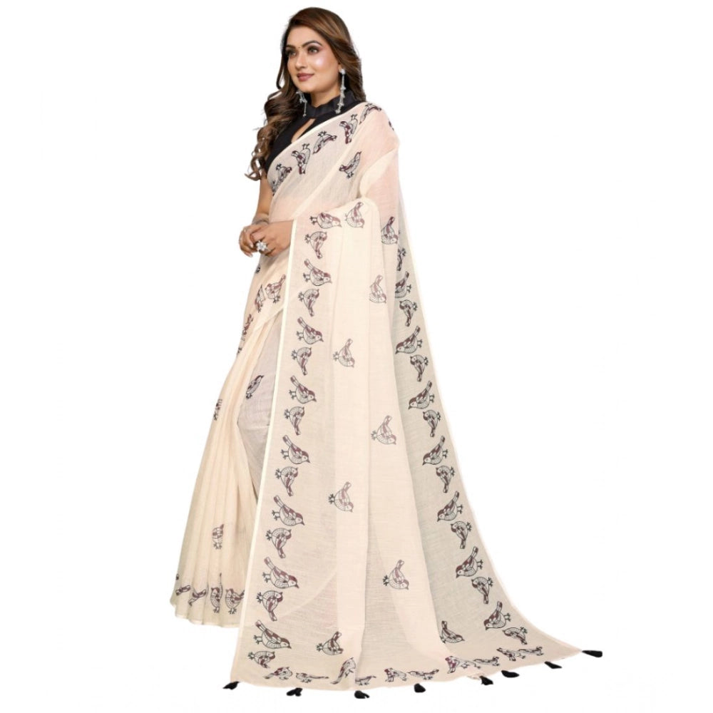 Off-white linen cotton printed saree with unstitched blouse, vibrant patterns for Indian festivals