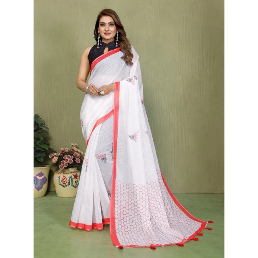 White linen-cotton printed saree with unstitched blouse, vibrant Indian fashion accessory