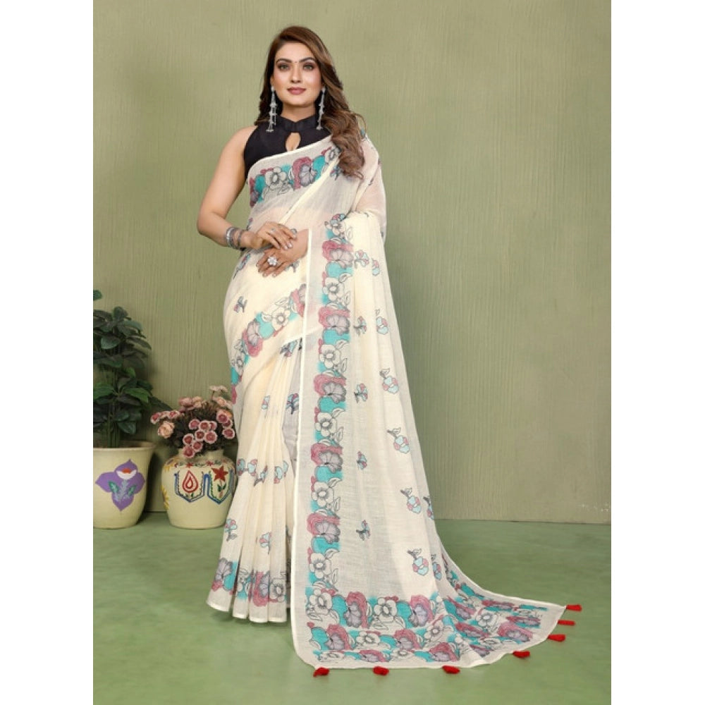 Off-white linen cotton printed saree with unstitched blouse, vibrant floral design for women's traditional Indian wear