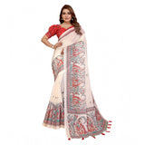 Off-white linen cotton printed saree with unstitched blouse, vibrant floral pattern on a traditional Indian background