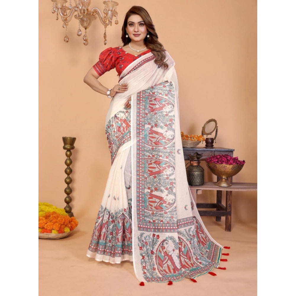 Off-white linen cotton printed saree with unstitched blouse, 5.5Mtr, vibrant floral pattern for Indian festivals