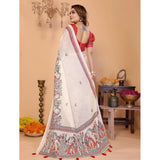Off-white linen cotton printed saree with unstitched blouse (5.5Mtr), vibrant Indian print for traditional wear
