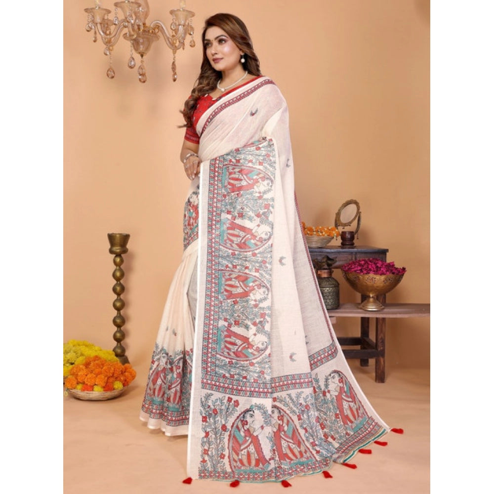 Off-white linen cotton printed saree with unstitched blouse (5.5Mtr) - vibrant Indian fashion accessory