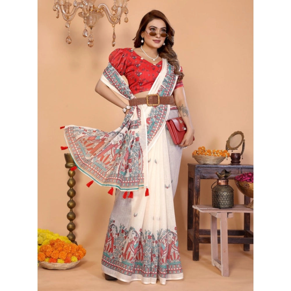 Off-white linen cotton printed saree with unstitched blouse, 5.5mtr, ideal for traditional wear