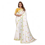 White linen-cotton printed saree with unstitched blouse (5.5mtr)