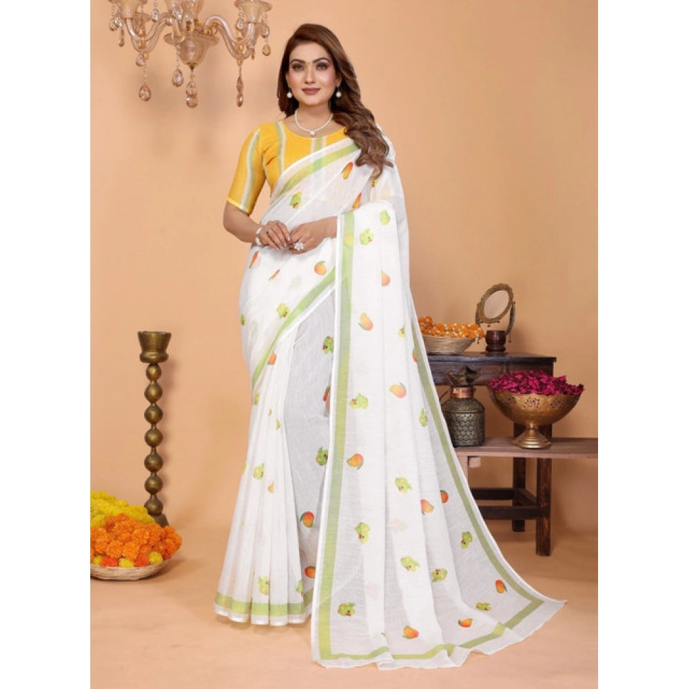 White linen cotton printed saree with unstitched blouse (5.5Mtr) - vibrant Indian traditional wear for women