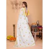White linen-cotton printed saree with unstitched blouse, 5.5mtr length