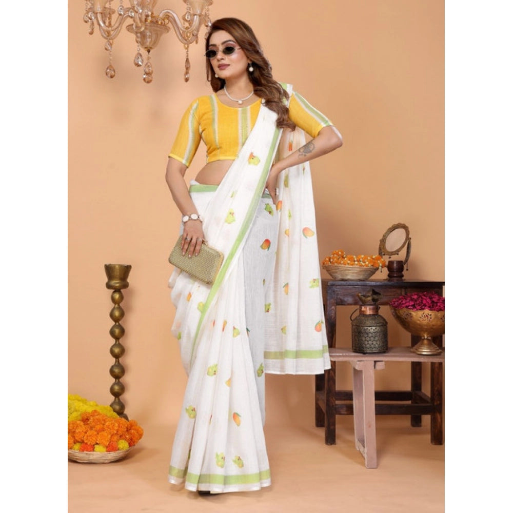White linen-cotton printed saree with unstitched blouse (5.5mtr), Indian women's traditional wear