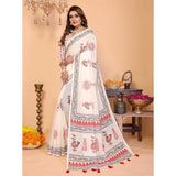Off-white linen cotton printed saree with unstitched blouse, 5.5Mtr length for traditional Indian fashion
