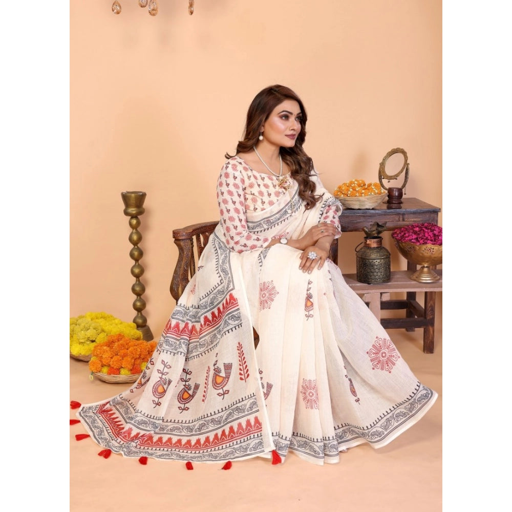 Off-white linen cotton printed saree with unstitched blouse, 5.5Mtr - vibrant Indian fashion accessory for women