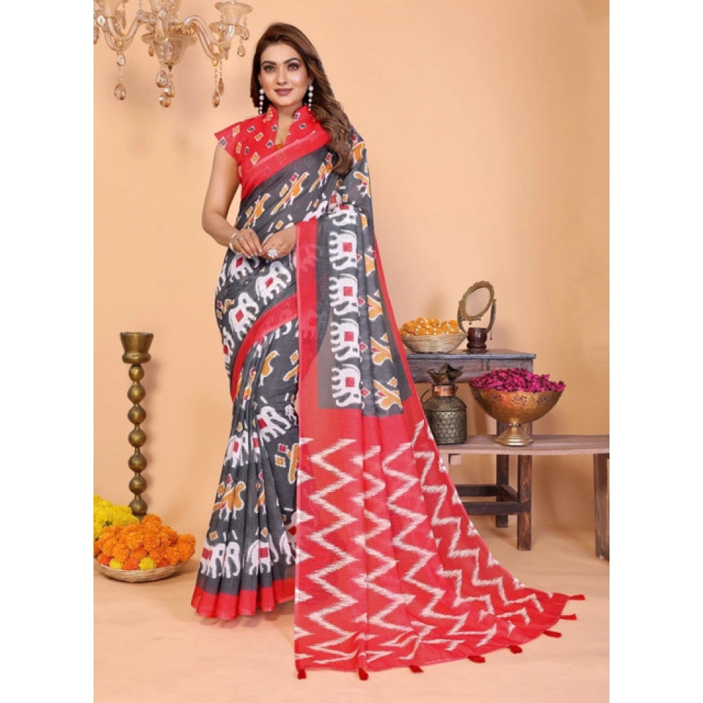 Grey linen-cotton printed saree with unstitched blouse, 5.5Mtr length