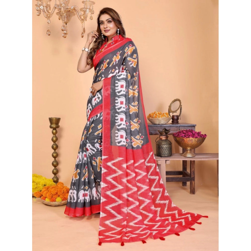 Grey Linen-Cotton printed saree with unstitched blouse (5.5mtr) on mannequin