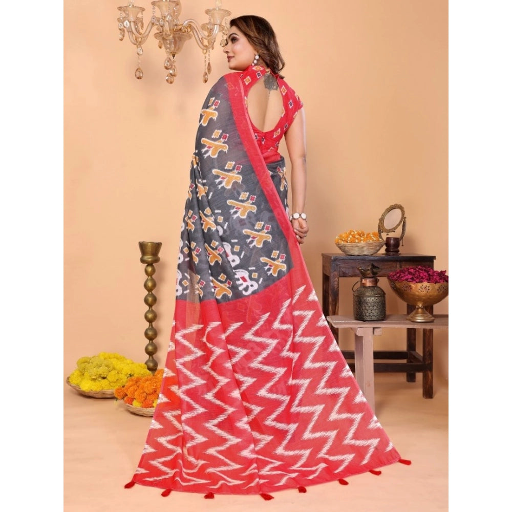 Gray linen-cotton printed saree with unstitched blouse (5.5Mtr)