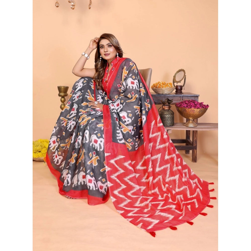 Gray linen-cotton printed saree with unstitched blouse (5.5Mtr) - stylish, versatile Indian traditional wear for women