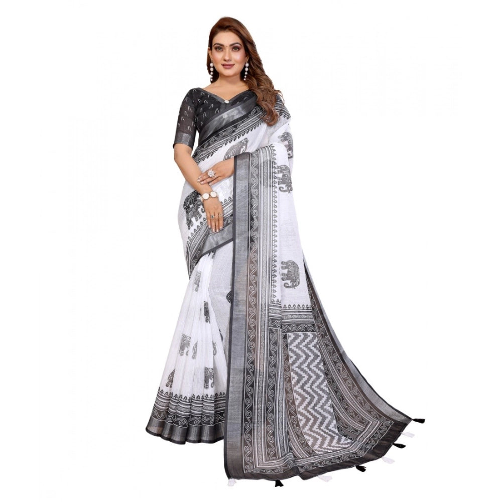 White-Black linen cotton printed saree with unstitched blouse, 5.5Mtr on clothing rack