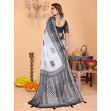 White-black linen cotton printed saree with unstitched blouse, 5.5mtr length on mannequin