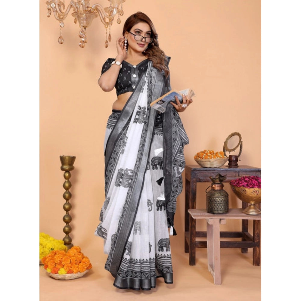 White-black printed linen cotton saree with unstitched blouse, 5.5Mtr