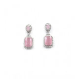 Women's pink brass silver plated drop earrings on model, jewelry accessory for formal events