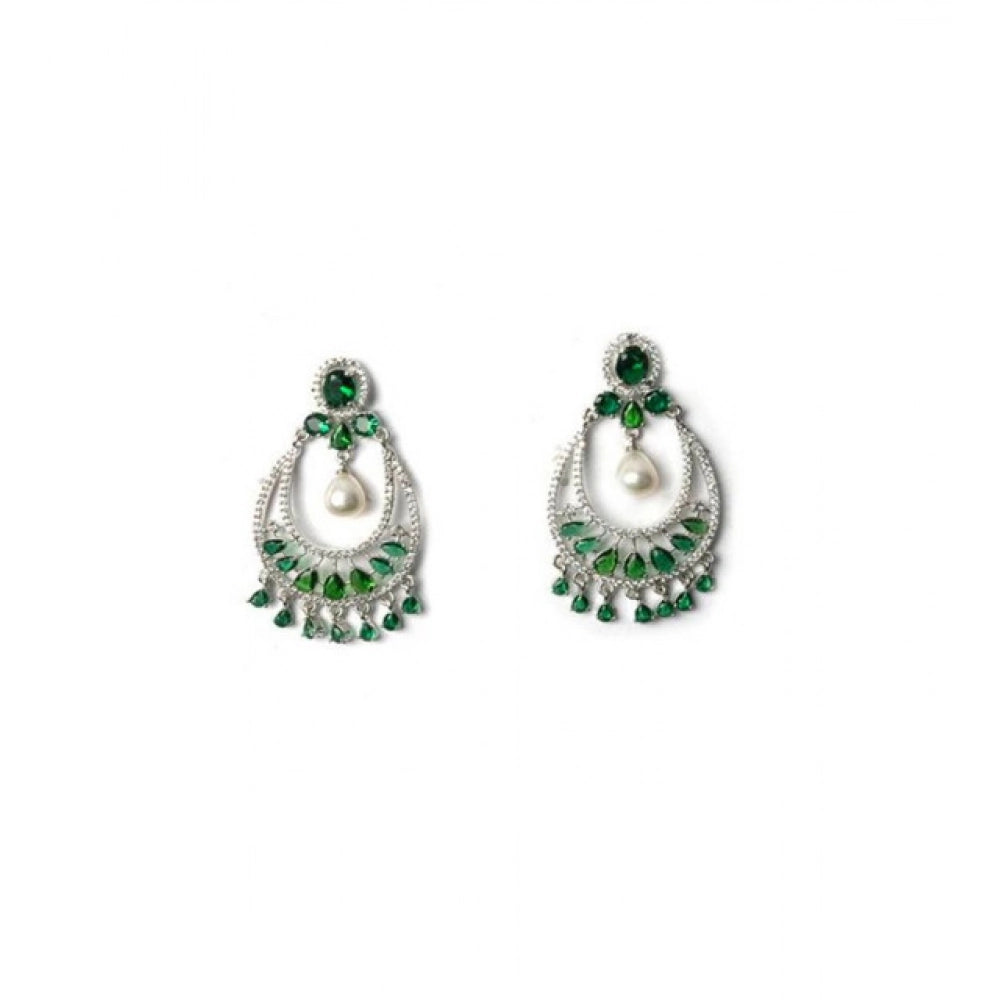 Green brass silver plated chandbali earrings for women - jewelry accessory, keep dry and chemical-free