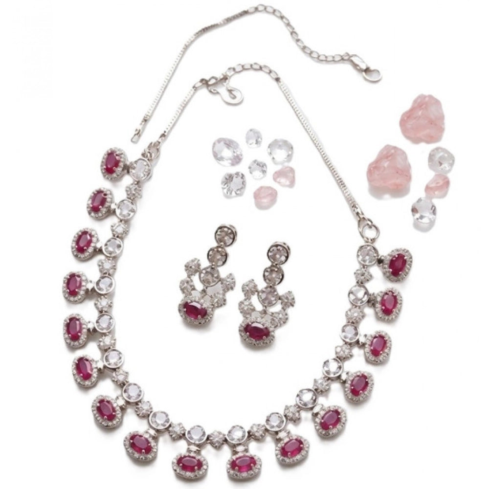 Women's pink brass silver plated necklace set, elegant jewelry accessory for everyday wear
