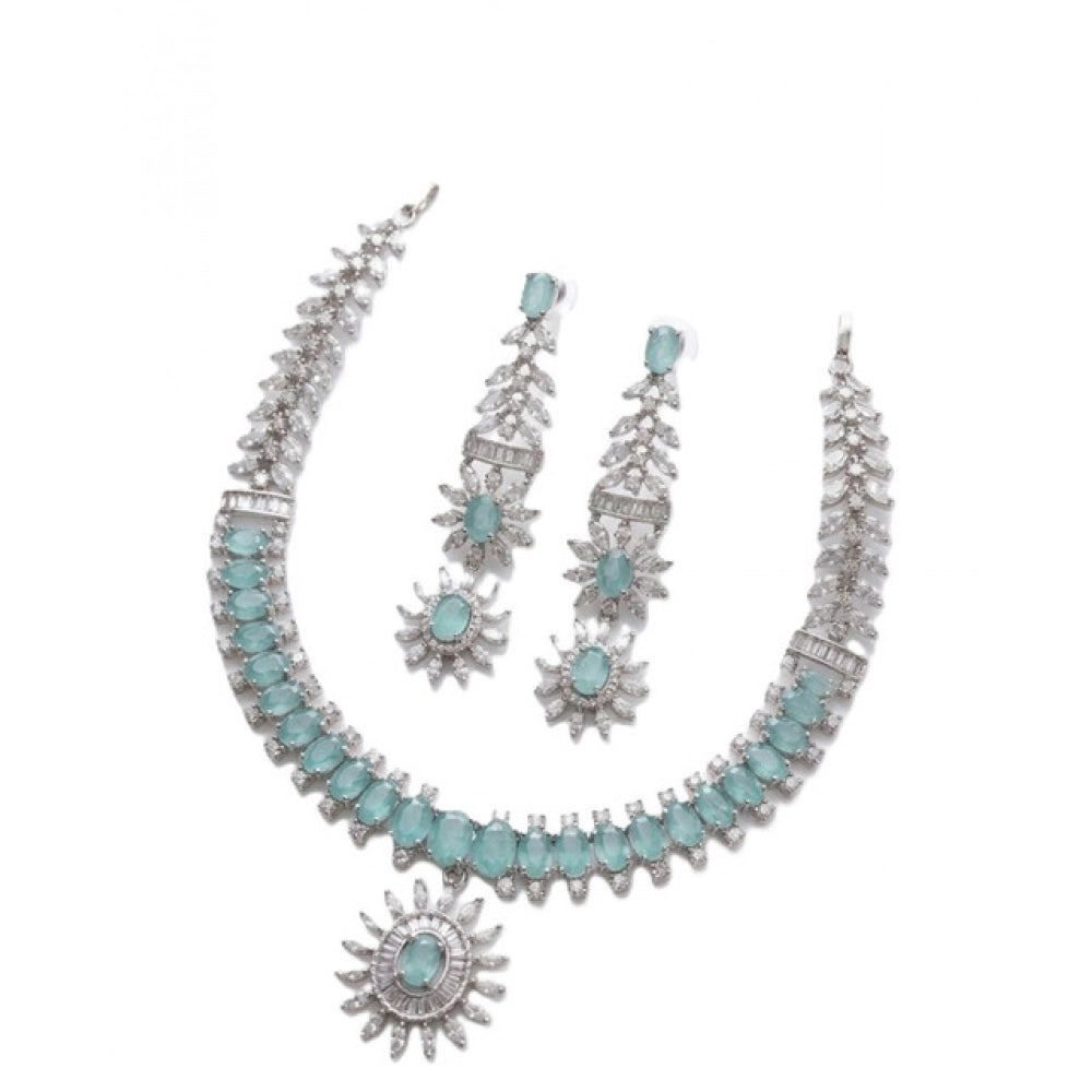 Brass silver-plated turquoise necklace set for women, jewelry accessory on display stand