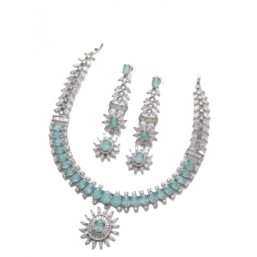 Brass silver-plated turquoise necklace set for women, jewelry accessory on display stand