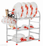 Stainless steel 3-shelf wall mount kitchen rack, holds 18 plates and 12 cups, 18x18 inch
