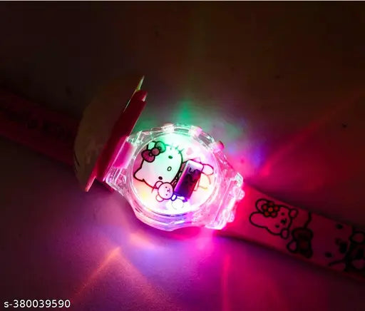 A digital watch with a pink case, kitty face design and LED lighting