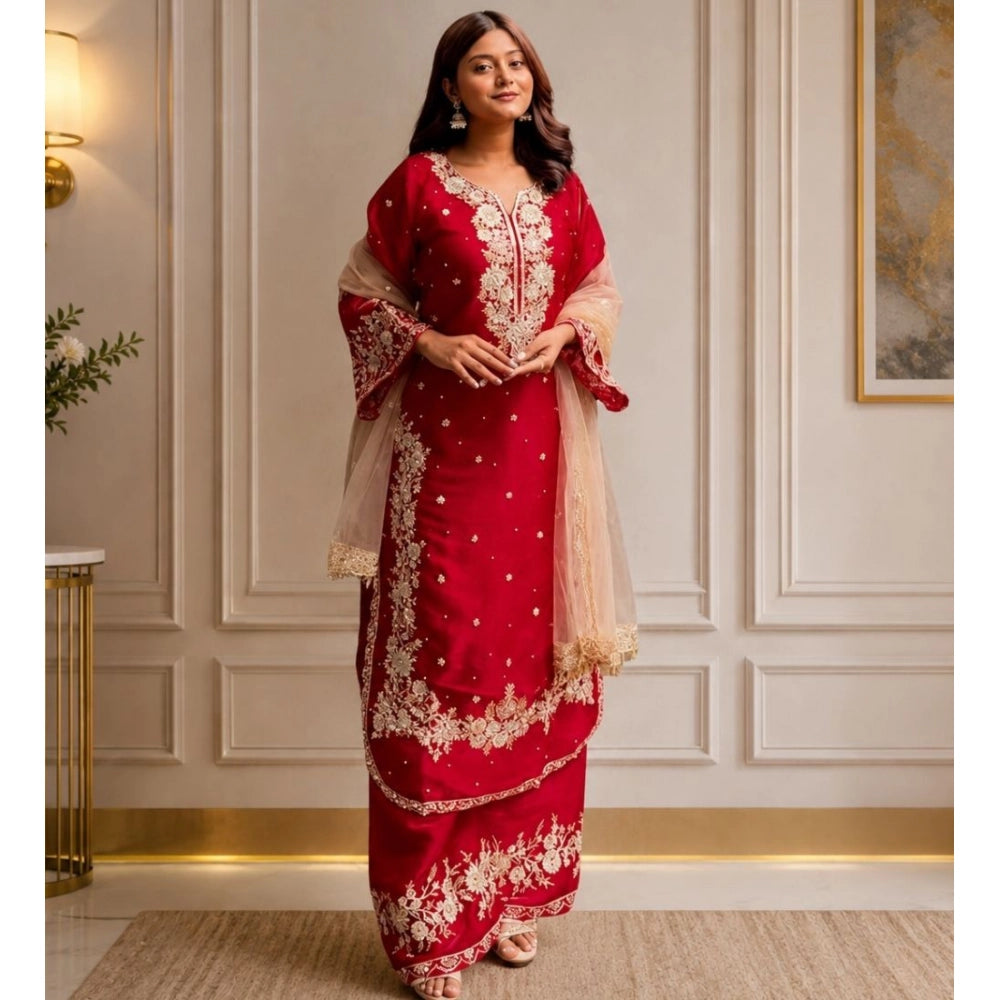 Red silk embroidered kurti set with palazzo pant and dupatta, featuring round neck and 3/4th sleeves