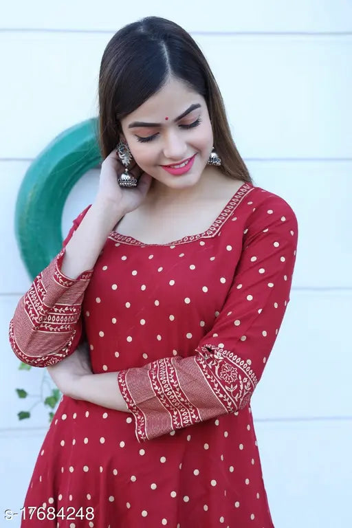 Golden rayon kurti, three-quarter sleeves, printed combo on Indian fabric