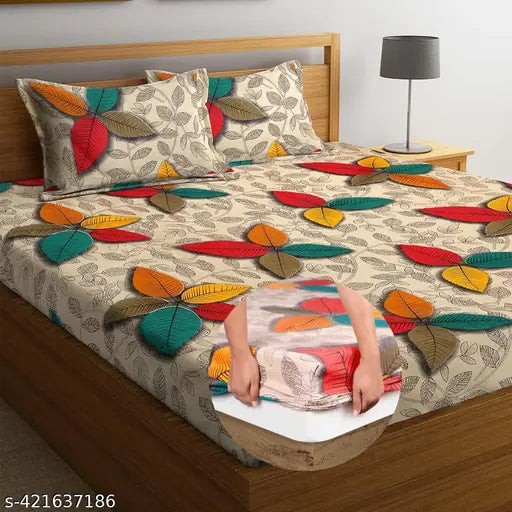 Multicolor multifloral botanical print superfine cotton elastic fitted king size bedsheet, includes 2 pillow covers