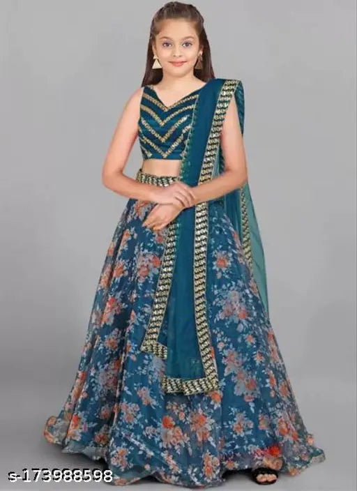 Floral print satin lehenga choli and net dupatta set for girls, Indian ethnic wear with embroidered floral pattern, size 9-14 years (waist 38 inches, length 33 inches each)