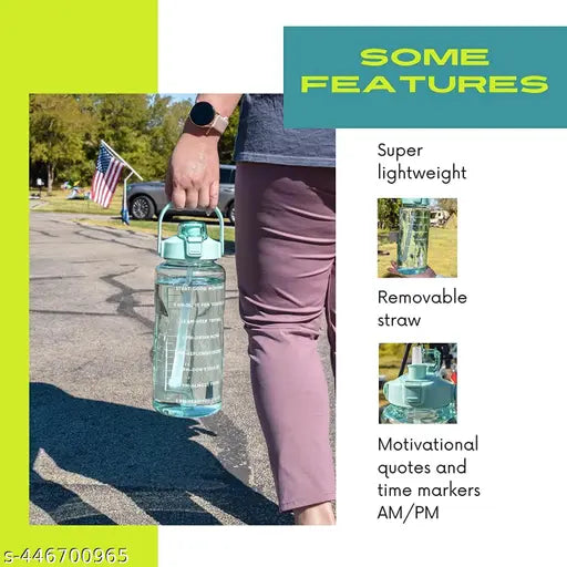 Transparent motivational fitness water bottle, 2000ml, BPA-free, leakproof, multicolor plastic with straw and handle, suitable for gym workouts, easy transport with carrying loop, removable parts for cleaning, made in India