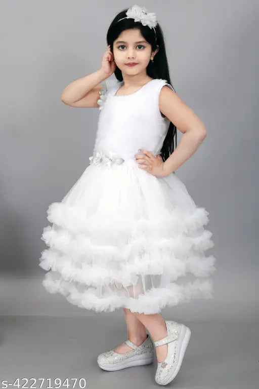 White ruffled ball gown for little girls, intricate lace details