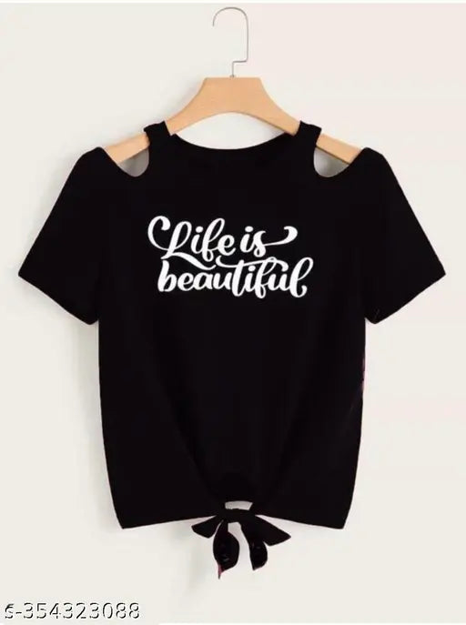 Black lycra shoulder cut crop top with 'Life is Beautiful' print for women