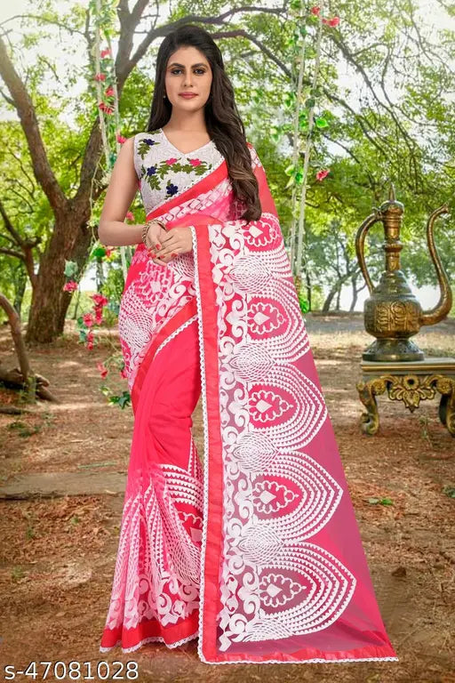 Pink soft net saree with embroidered pattern by Gazal Fashions, free size, 5.5m length