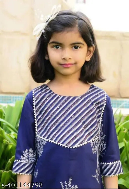 Blue rayon kurti set with stripes for kids, three-quarter sleeves and matching bottomwear