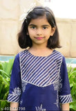 Blue rayon kurti set with stripes for kids, three-quarter sleeves and matching bottomwear