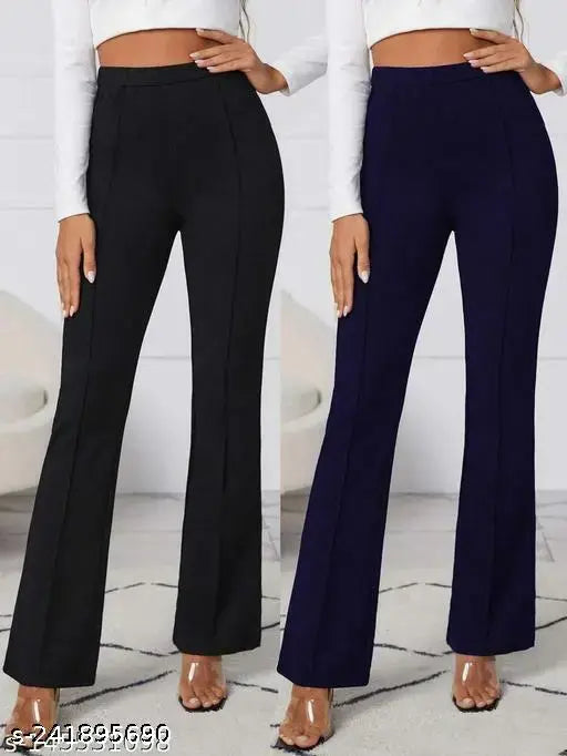 Blue and black designer women's slim fit trousers with high waist and wide leg