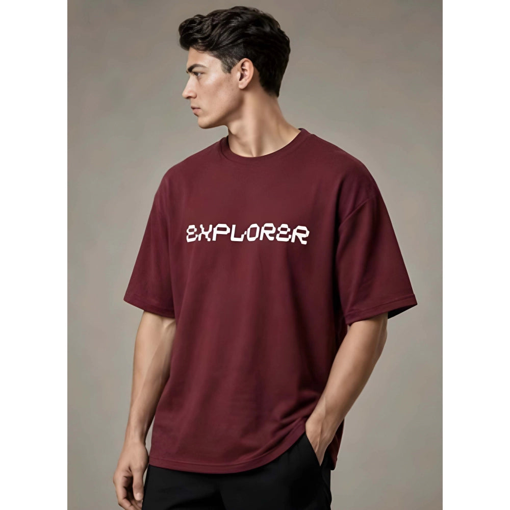 { "alt_text": "Maroon cotton blend men's oversized t-shirt, printed casual wear, round neck half sleeve, 220 GSM" }