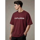 { "alt_text": "Maroon cotton blend men's oversized t-shirt, printed casual wear, round neck half sleeve, 220 GSM" }