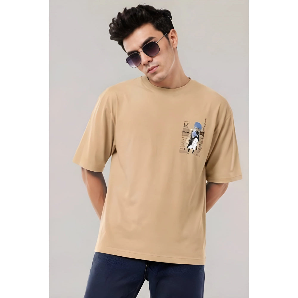 { "alt_text": "Beige cotton blend men's oversized t-shirt, printed casual wear, round neck half sleeve, 240 GSM" }