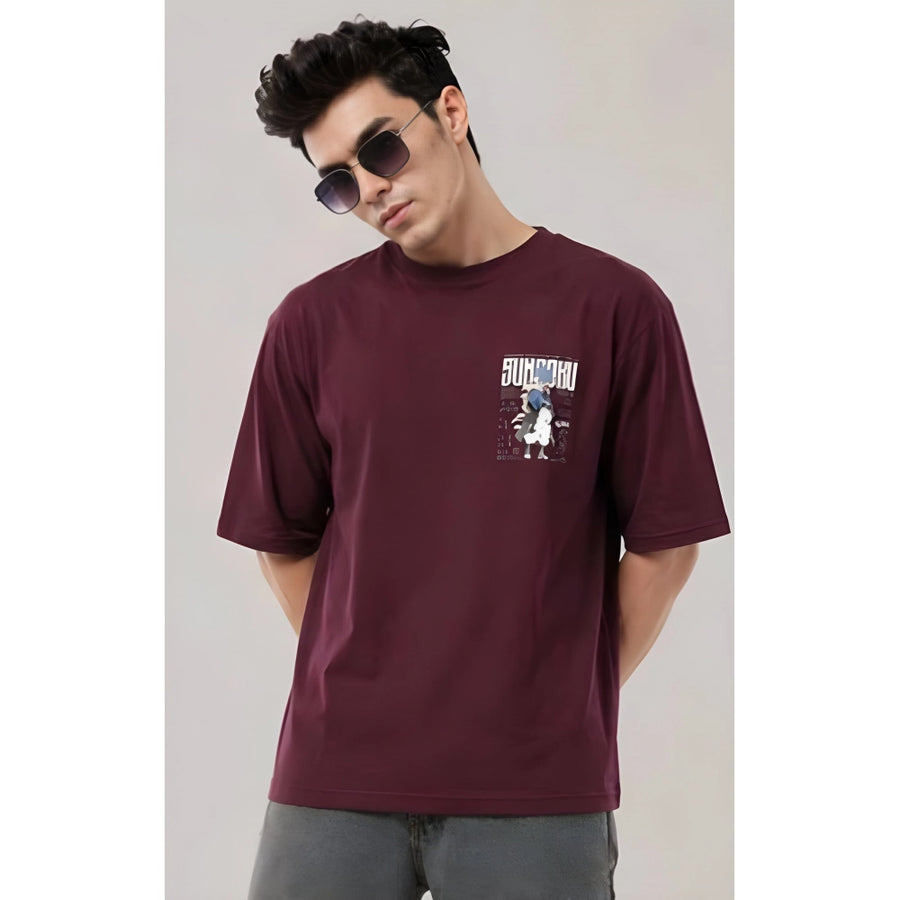 { "alt_text": "Wine cotton blend men's oversized t-shirt, printed casual wear, round neck half sleeve, 240 GSM" }