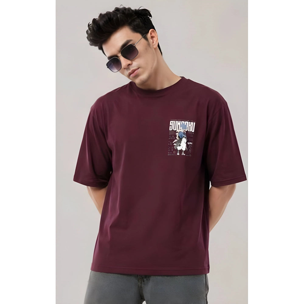 { "alt_text": "Wine cotton blend men's oversized t-shirt, printed casual wear, round neck half sleeve, 240 GSM" }