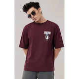 { "alt_text": "Wine cotton blend men's oversized t-shirt, printed casual wear, round neck half sleeve, 240 GSM" }
