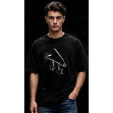 { "alt_text": "Black cotton blend men's oversized t-shirt, printed casual wear, round neck half sleeve, 220 GSM" }