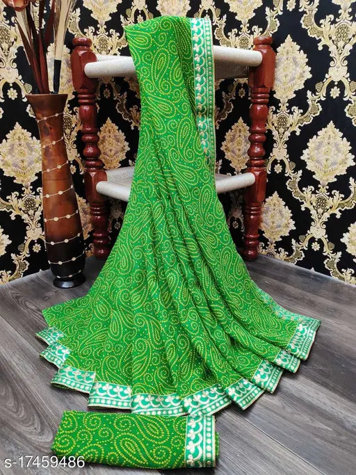 Green georgette bandhani print sari, 6 yards