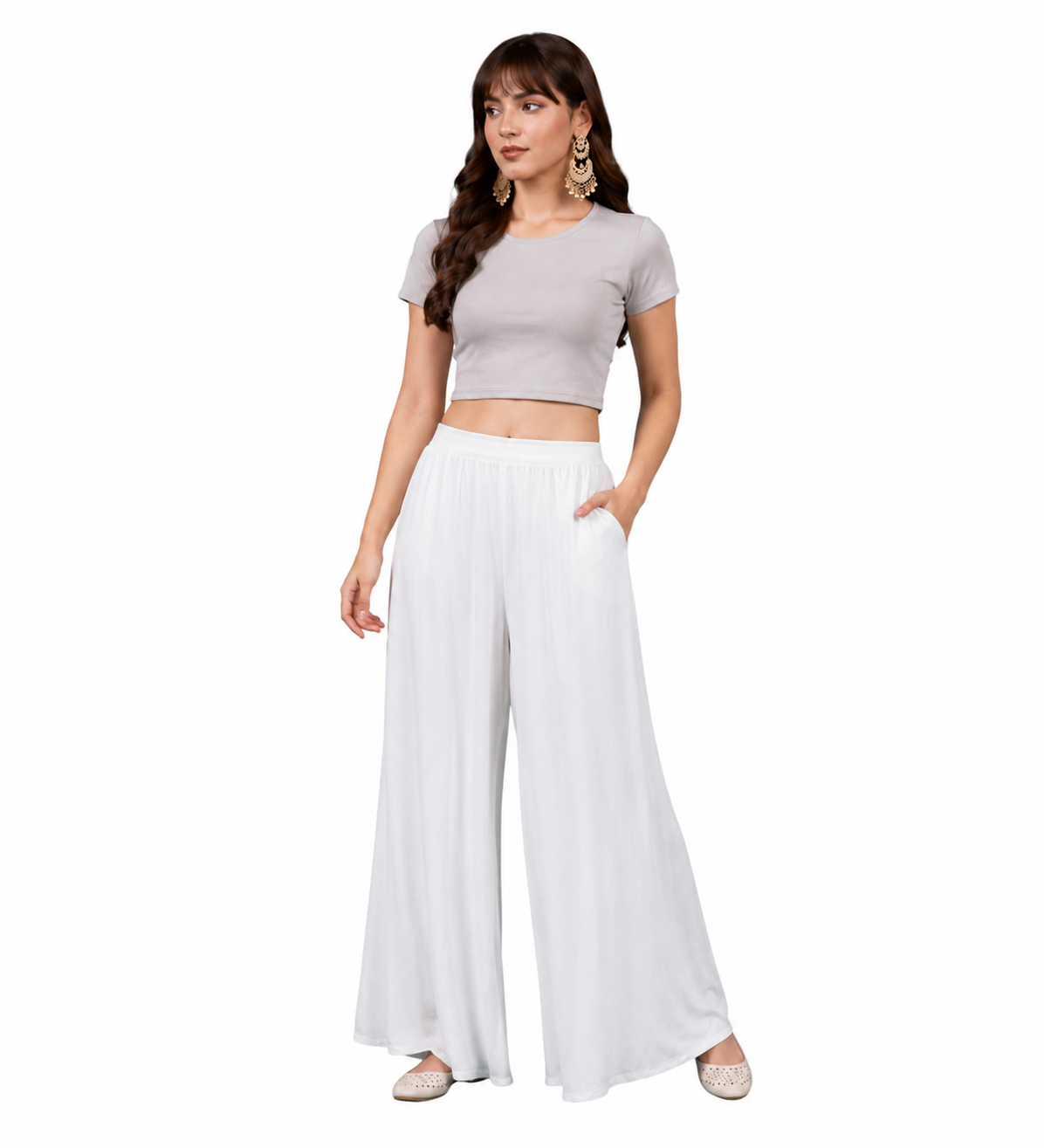 { "alt_text": "White georgette women's palazzo pants, solid mid-rise wide leg flared pants, ankle length ethnic wear" }